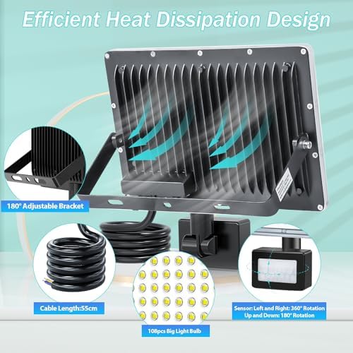 TASINUO 100W Security Lights Outdoor Motion Sensor 2 Pack, 10000LM LED Floodlight with PIR, IP67 Waterproof Flood Lights Outdoor Motion Sensor for Garden Patio Yard