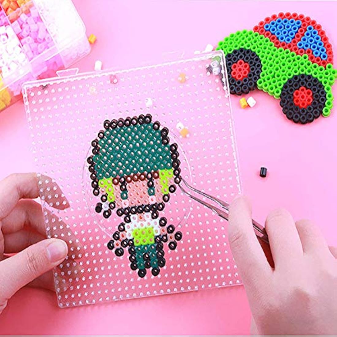 Fuse Bead Boards, 6Pcs 5mm Large Square Clear Plastic Beads Pegboards with 2Pcs Beads Tweezers and 6Pcs Lroning Paper for Kids Craft Beads