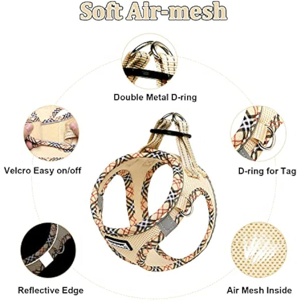 DORAMIO Step-in Dog Harness and Leash Set, Soft Mesh No-Chock Reflective Breathable Easy Walk Lightweight Vest Harnesses with Safety Buckle for Small Dogs, Cats, Puppies (Beige, XL)