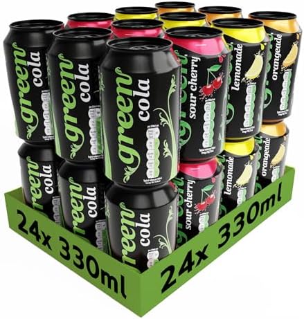 Green Drinks Variety Pack - Low Calorie Sparkling Soft Drinks - Cola, Lemonade, Orange, Cherry - Sweetened with Stevia, No Added Sugar, Natural Caffeine, No Aspartame - Bulk Pack 24 Cans x 330ml