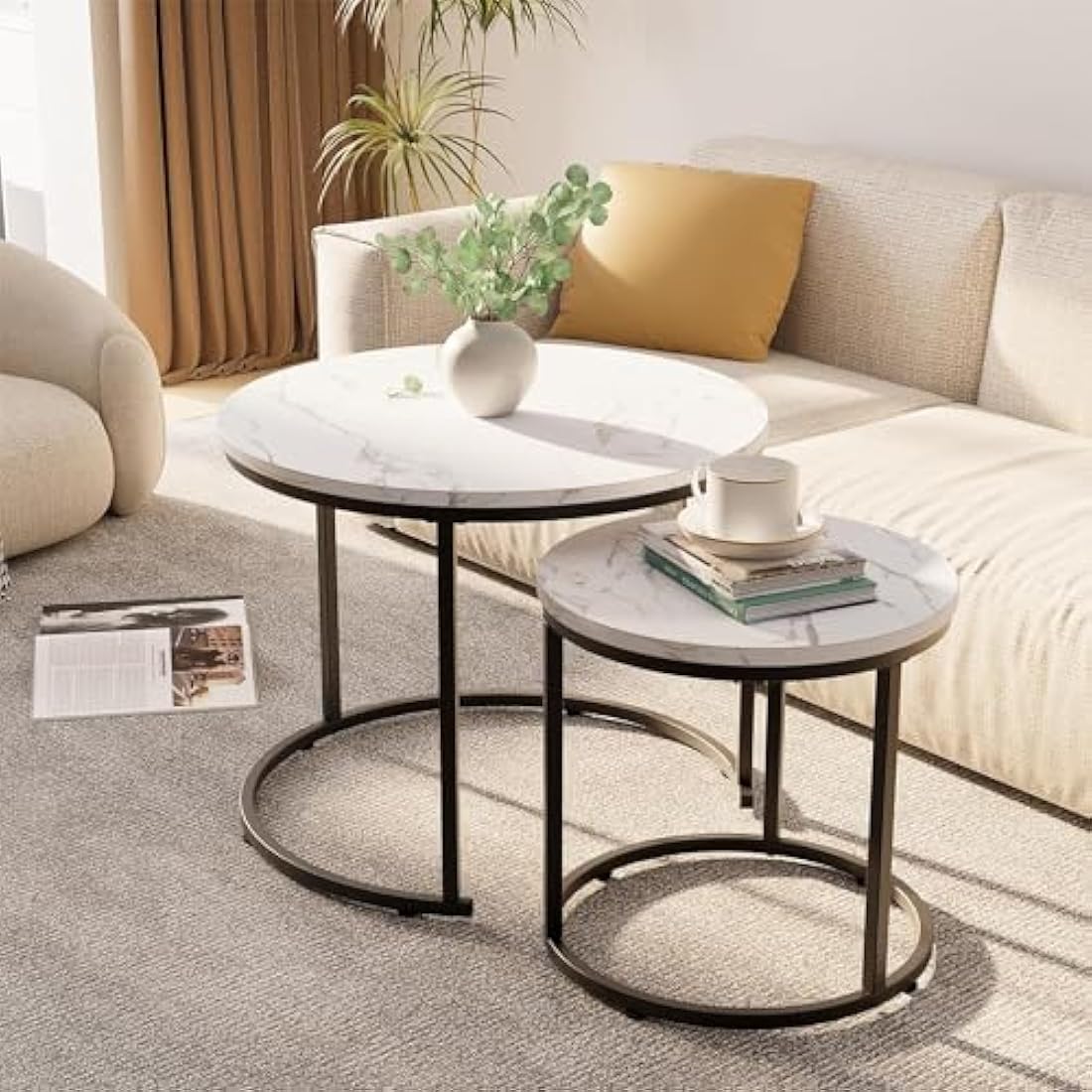 Huhote Round Coffee Tables, Set of 2 End Table, Nesting Tables, Side Table with Metal Frame for Living Room/Bedroom/Balcony/Office/Apartment, Diameter 23.6/15.7 IN (Black Frame, White Marble Top)
