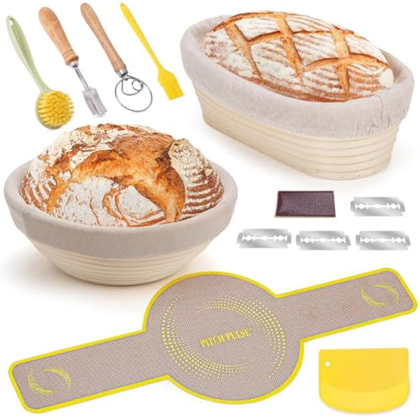 Bread Proofing Basket Set, PITCH PULSE 9 Inch Round and 10 Inch Oval Banneton Bowl with Sourdough Bread Making Tools Kit