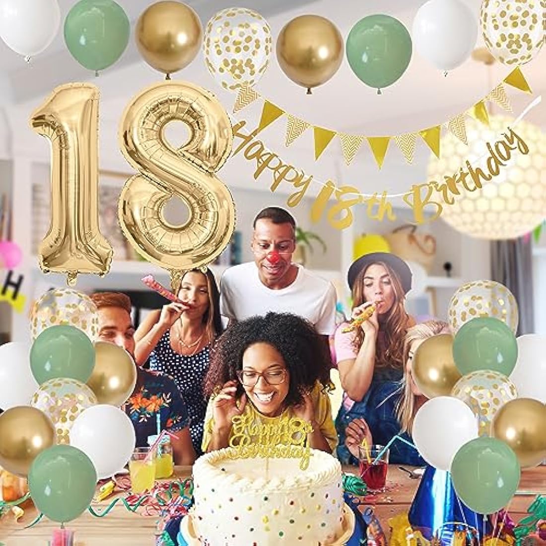 18th Birthday Decorations - Happy 18th Banner, Cake Topper, Foil Balloons in Sage Green, White, Gold for 18 Year Old Party
