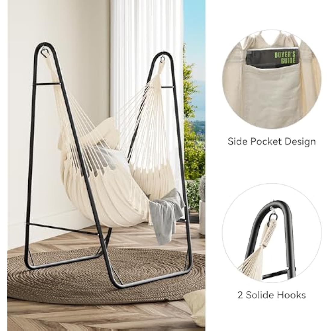 YITAHOME Hammock with Stand, Max. load 150 kg, Hammock Stand with Hanging Swing, 132x90x160 cm, Sturdy Steel Frame, Swing Chair with 2 Hooks and 1 Side Pocket for Patio, Balcony and Garden, White