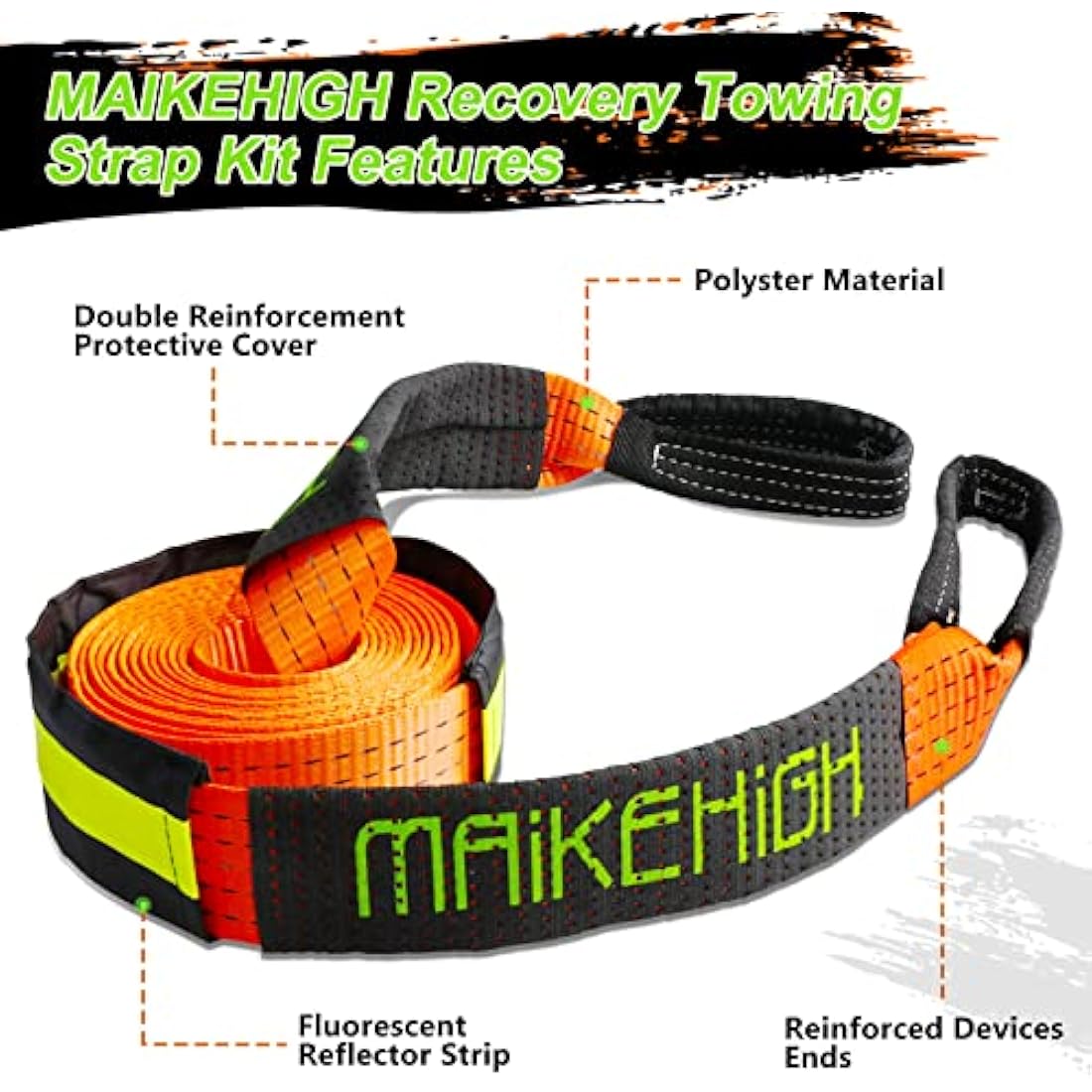 MAIKEHIGH Tow Rope 5M x 5cm,10 Ton (22,000 Lbs) Off-Road Recovery Tow Strap with 2 Anti-Proof Gloves, 2 Reinforced Shackles
