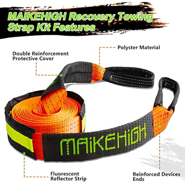 MAIKEHIGH Tow Rope 5M x 5cm,10 Ton (22,000 Lbs) Off-Road Recovery Tow Strap with 2 Anti-Proof Gloves, 2 Reinforced Shackles