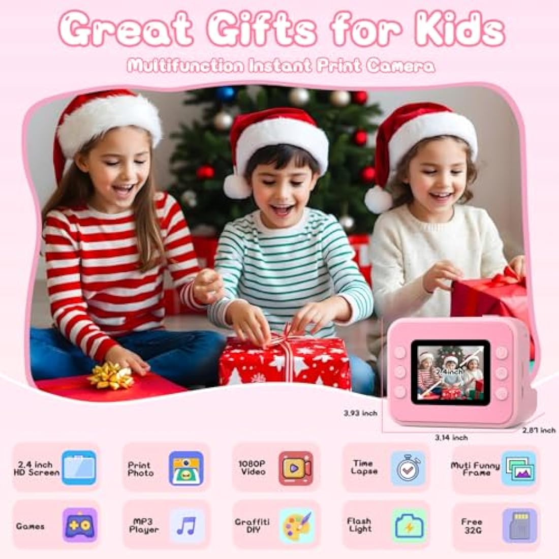 Hangrui Kids Camera Instant Print, 2.4'' Instant Camera for Kids, 1080P Children Cameras with 32GB Card & 3 Rolls Photo Paper, Christmas Birthday Gifts Toys for Girls & Boys Aged 3-12 -Pink