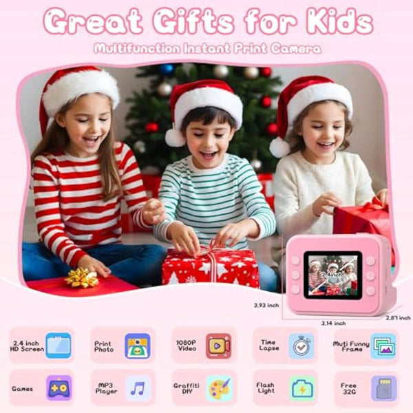 Hangrui Kids Camera Instant Print, 2.4'' Instant Camera for Kids, 1080P Children Cameras with 32GB Card & 3 Rolls Photo Paper, Christmas Birthday Gifts Toys for Girls & Boys Aged 3-12 -Pink
