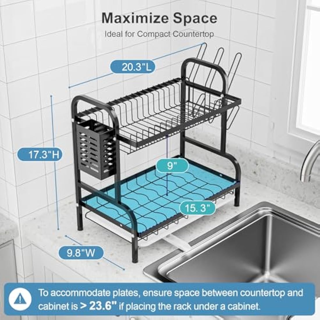 iSPECLE 2 Tier Dish Drainer Rack - Rustproof Dish Drying Rack with Automatic Drainage, Dish Rack with Drainboard and Cup Holder, Large Capacity Draining Board Rack for Kitchen Worktop, Black
