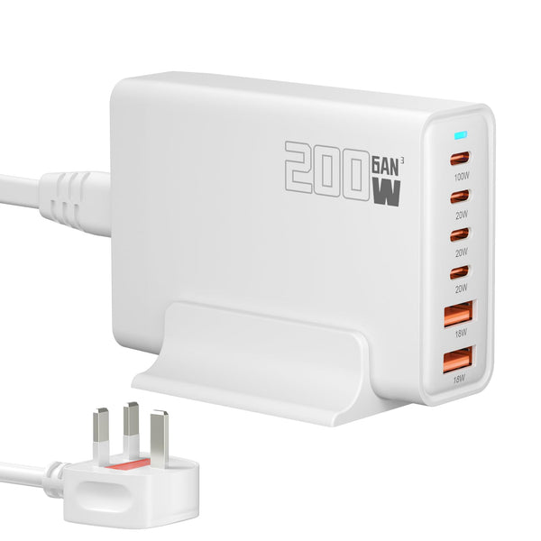 200W 6-Port USB Charging Station, PD 100W 65W 45W 20W 18W USB C GaN III Charger Laptop & Phone Fast Charger Plug, Compatible with MacBook Pro/Air,Dell XPS, iPhone 15/16/14/ Pro, iPads, Steam Deck