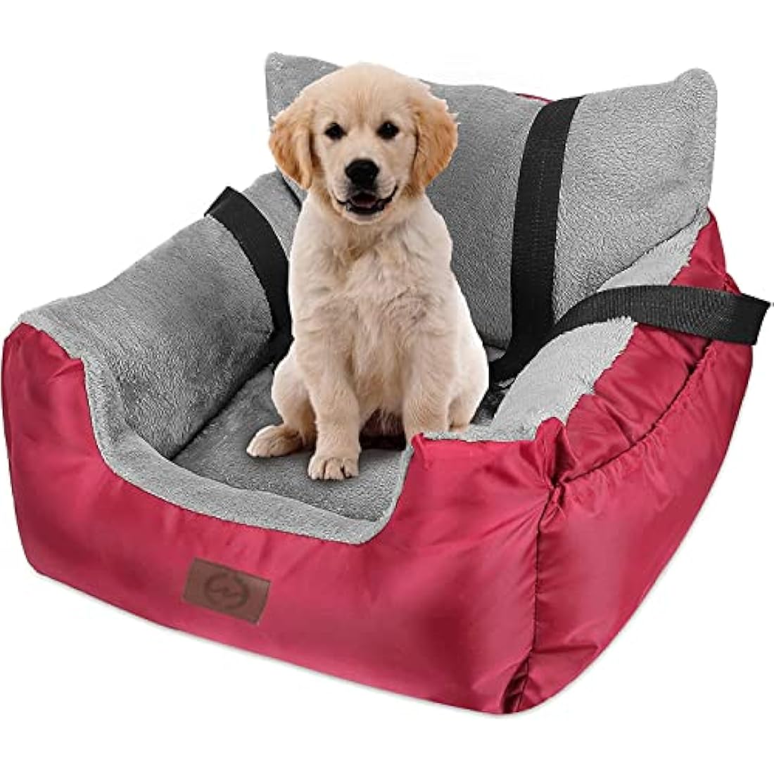 GoFirst Dog or Cat Booster Seat - Travel Car Bed with Storage Pocket, Clip-On Safety Leash, Waterproof Warm Plush, Red