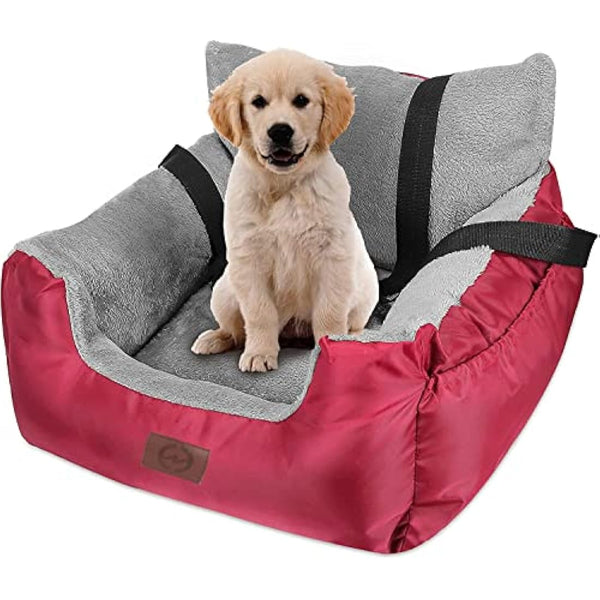 GoFirst Dog or Cat Booster Seat - Travel Car Bed with Storage Pocket, Clip-On Safety Leash, Waterproof Warm Plush, Red