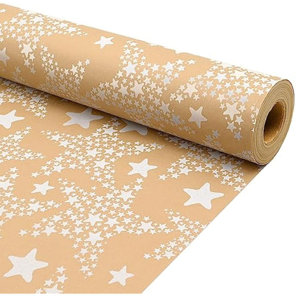 43cm*15m Gift Wrapping Paper Roll with White Star,Topeedy Recycle Kraft Wrapping Paper for Birthday Women's Day
