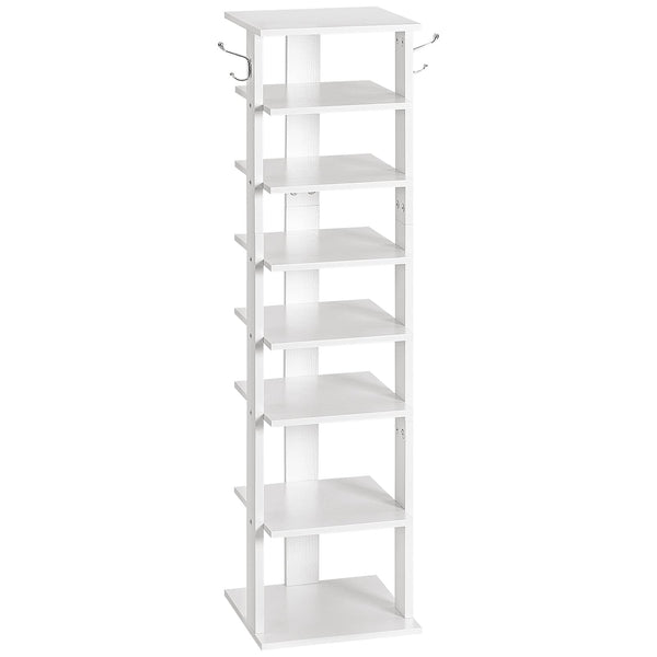 HOOBRO Shoe Rack Wooden, White Shoe Rack, Tall, Narrow Shoe Storage Organizer with 2 Hooks, Slim Shoe Shelf, Vertical Shoe Tower for Entrance, Living