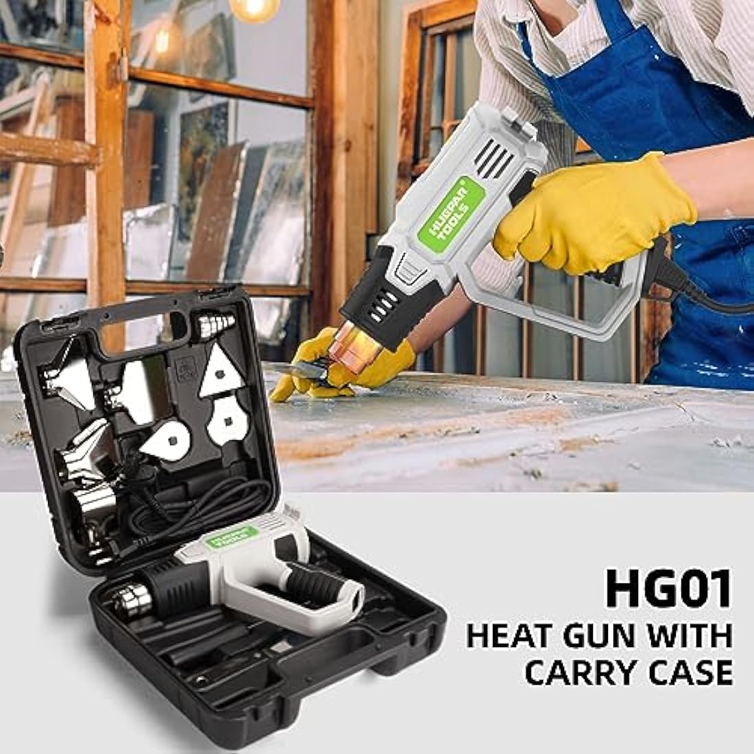 Heat Gun, Huepar Tools 2300W Professional Hot Air Gun 50℃-660℃ with Large Digital LCD Display Industrial Hot Air Gun Kit Variable Temp. Control, with 10 Accessories and Carry Case, Gift for Women, Men