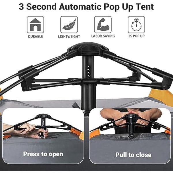 Cflity Camping Tent, 3 Man Pop Up Tent Automatic Instant Three Layer Waterproof 4 Season Large Dome Tent & Shelters with Extended Floor Mat Porch 2 Hall Poles Removable Rainfly