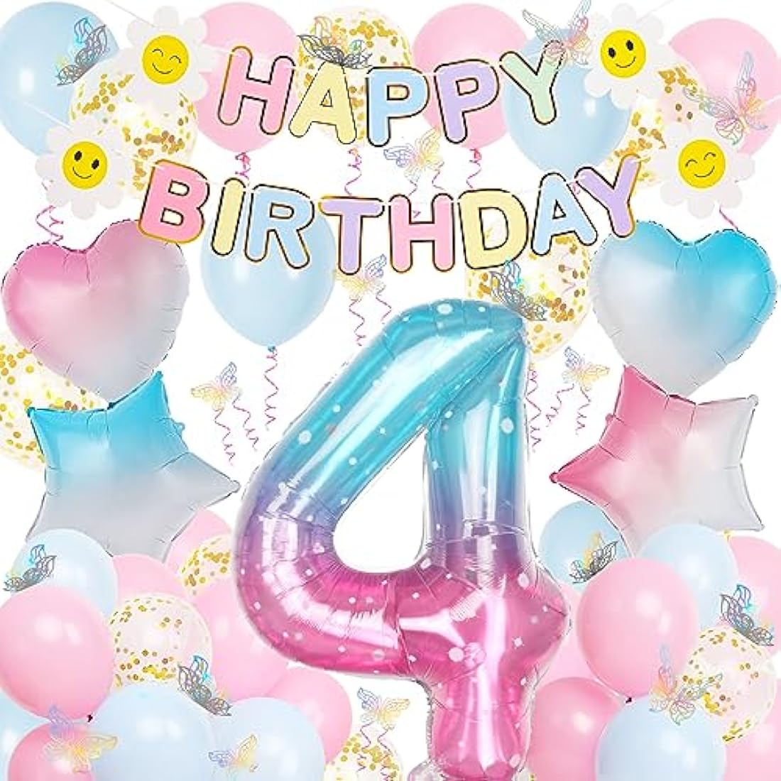 4th Birthday Decorations for Girls, Gradient Color 40 Inch Age 4 Foil Balloons with Happy Birthday Banner and Butterfly Stickers, for Baby Shower, Girls Boys Party Decorations