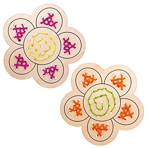 Baker Ross Flower Wooden Threading Kits - Pack of 4, Sewing Arts and Crafts, Craft For Kids (AT378)