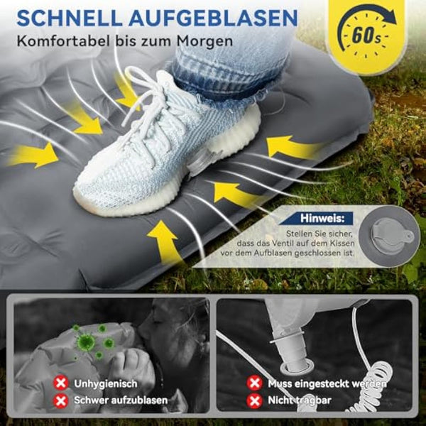 HIKENTURE Self-Inflating Sleeping Mat, 13 cm Ultra Thick Sleeping Mat Camping with Cushion, Inflatable Air Mattress, Small Pack Size, Ultralight Sleeping Mat with Foot Pump for Outdoor, Hiking, Tent -