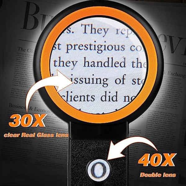 30X 40X Magnifying Glass with Light and Stand, Folding Handheld Magnifying Glass 18 LED Illuminated Lighted Magnifier for Macular Degeneration, Seniors Reading, Close Work, Coins, Jewelry (Black-o)
