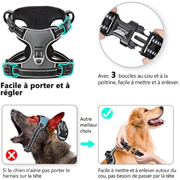 HEELE Dog Harness, No Pull Dog Harness Medium, Release on Neck, Reflective Adjustable Dog Harness with Front Back 2 Leash Attachments and Soft Padded Control Handle for Dogs Walking Training, Grey, M