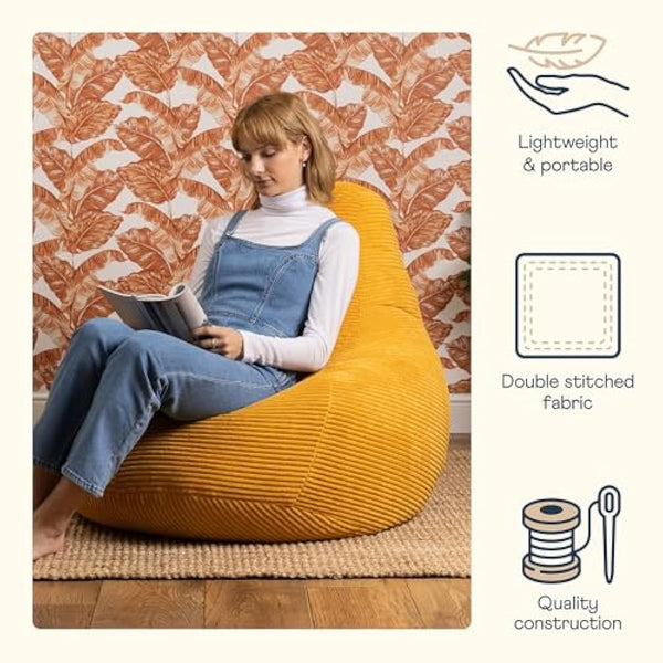 icon Dalton Cord Recliner Bean Bag, Ochre Yellow, Large Adult Bean Bag Chair with Filling Included, Comfy Chair, Living Room Furniture, Bedroom Furniture