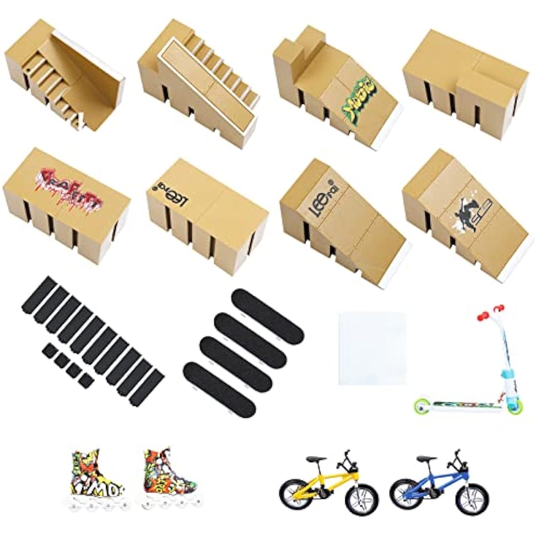 IOUGDSEC Skate Park Kit Ramp Parts for Finger Skateboard Park Kit Part Training Props with 4 Finger Decks 2 Finger Bike 1 Pair Skates and 1 Scooters