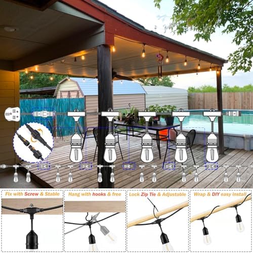 30M Festoon Lights Outdoor E27 IP65 Waterproof Festoon Lights Outdoor String Lights 4.4M Extension Cable Included, 30+2 Shatterproof S14 2700K Bulbs for Pergola Garden Backyard Fence, Linkable