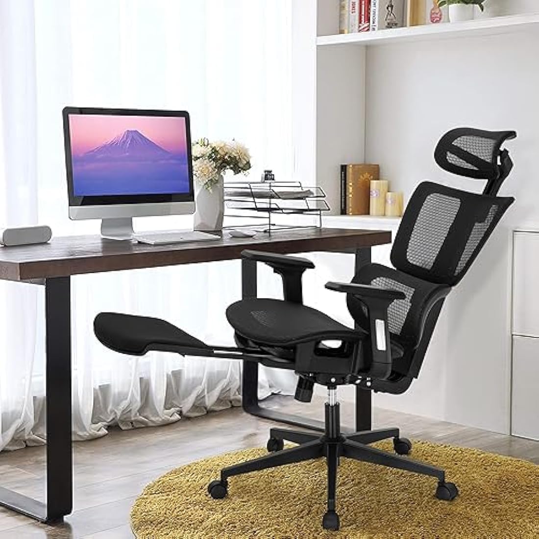 ALPHA HOME Office Chair Ergonomic Desk Chair with Retractable Footrest High Back Manager Chair Computer Home Office Chair 90-130° Tilt Angle with 3D-Armrest,Adjustable headrest,Lumbar Support