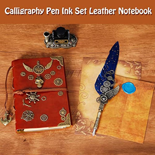 MPRINCE Quill Pen Ink Set Leather notebook With Quill Pen,Notebook,5 Replaceable Nibs,Seal Stamp,Spoon,Wax Beads,White Wax,Ink,Pen Holder,Cup,Envelope,Letter Paper(blue)