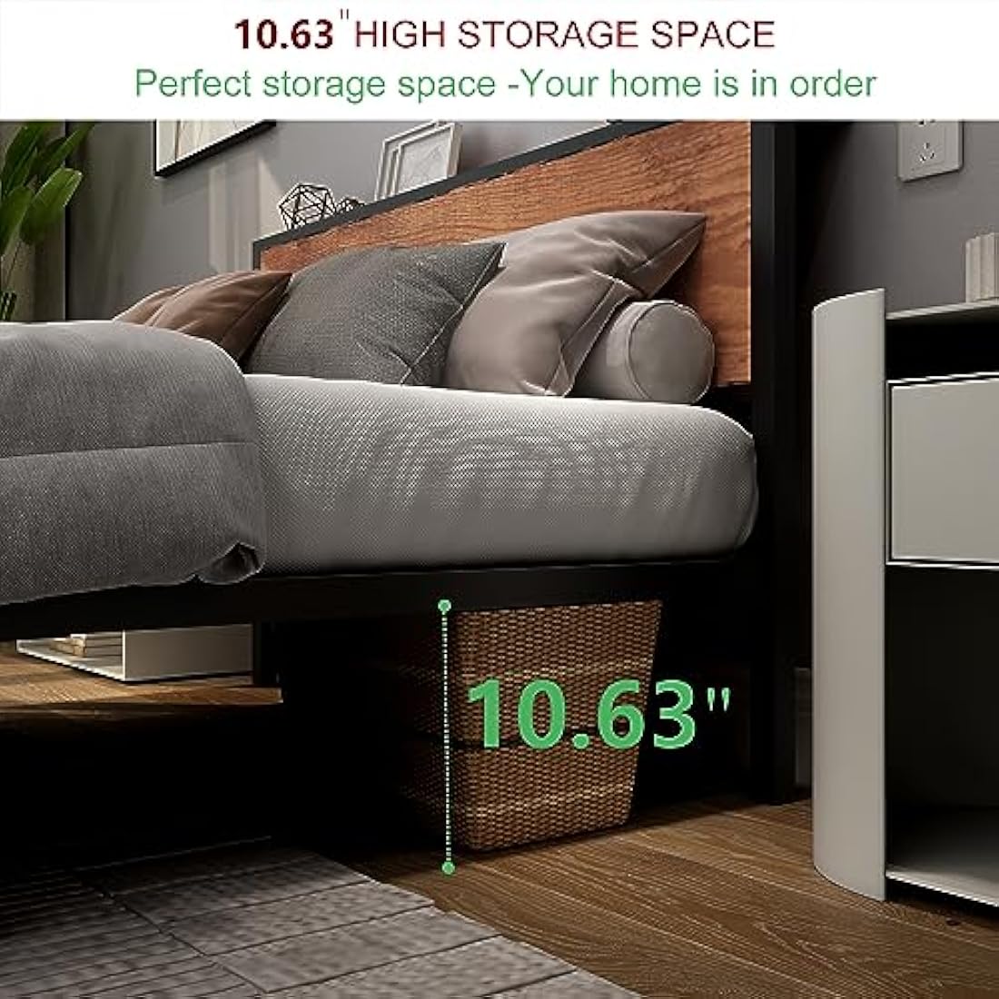 DUMEE King Size Bed Frame with Storage Wooden Headboard, Metal Bed Frame Kingsize Bed Base/Mattress Foundation, Enhanced Support Noise Free, Textured Black+Brown Oak