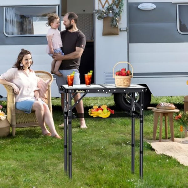 Anbte Folding Camping Table with Storage Net, 3 Adjustable Heights Aluminum Small Folding Table with Carry Handle, Lightweight, for Outdoor Indoor Travel Camping Picnic BBQ Beach, 58 cm x 40 cm