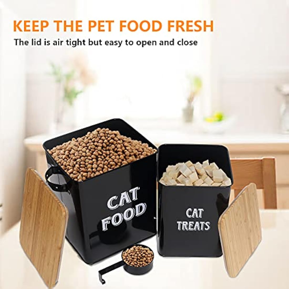Pet Food and Treats Containers Set with Scoop for Cats or Dogs - Beige Powder-Coated Carbon Steel - Tight Fitting Wood Lids - Storage Canister Tins - Cat Food - Black