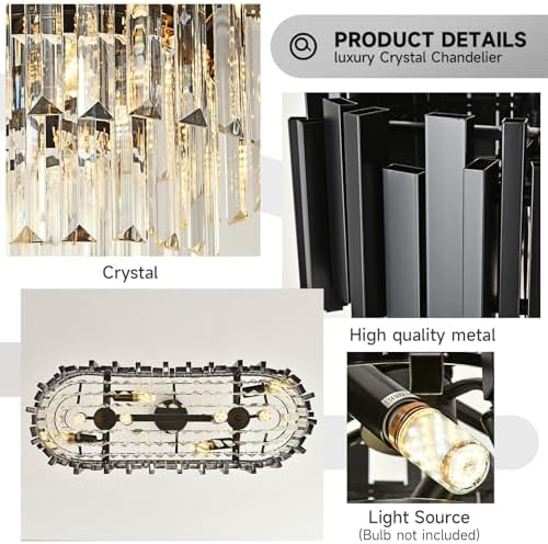 AOOCHOK Modern Crystal Chandelier Black Pendant Light Fixtures, Oval Crystal Pendant Lighting for Living Room, Dining Room, Bedroom, Restaurant, E14 x 8, 80 x 35 cm