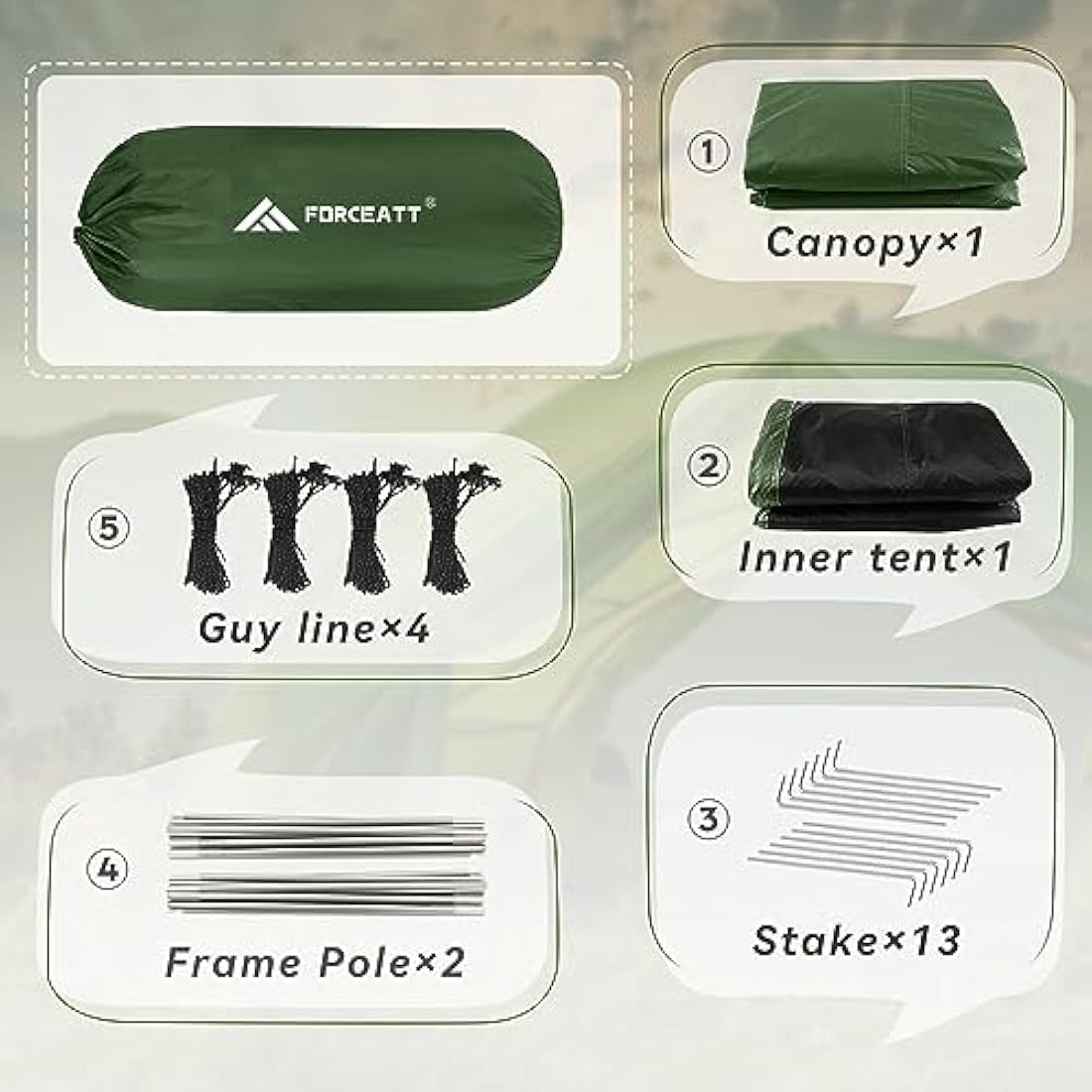 Forceatt Tent, 2-4 Man Tent for Camping, Easy Setup Lightweight Two Doors PU3000mm Waterproof Dome Tent, Windproof Instant Outdoor Tent Suitable for Traveling, Beach, Camping, Hiking, Mountaineering