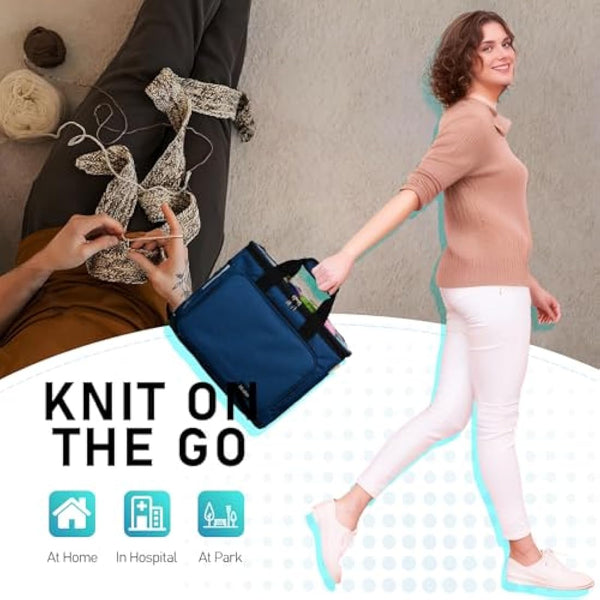 Hoshin Knitting Bag for Yarn Storage, Portable Crochet Tote Bag Yarn Organizer for Crochet Patterns and Hooks, Needles, Skeins of Yarn-Enjoy Knitting/Crocheting Anywhere(Navy)