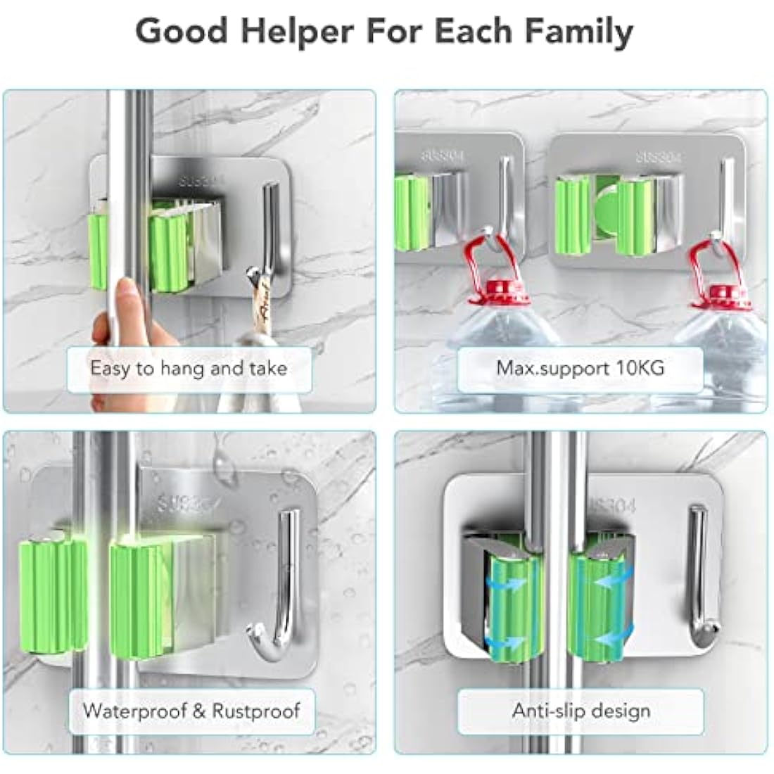 homeasy Mop Broom Holder, 4 Pcs Stainless Steel Self Adhesive Mop Holder Wall Mounted with Hooks Hanger Self-Adhesive Broom Holder for Bathroom, Kitchen, Office, Closet, Garden Garage (Green)