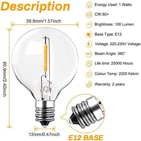 BRIMAX Outdoor String Lights, Garden Lights Mains Powered, 46pcs Sockets, 50pcs G40 1W LED Bulbs Shatterproof, 2200K Warm White, 50ft Waterproof Festoon Lights Outdoor for Cafe Patio Xmas Wedding