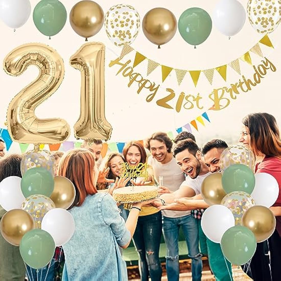 Jobkoo 21st Birthday Decorations Him Her, Happy 21st Birthday Banner w/ Birthday Cake Topper Number 21 Foil Balloon Sage Green White Gold Birthday Balloons Men Women 21 Year Old Party Decoration