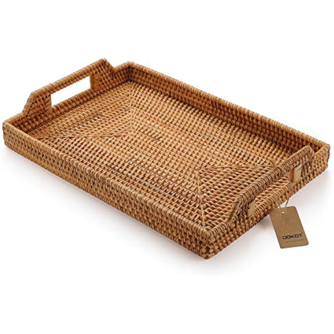 DOKOT Rattan Tray Tea Trays Rectangle Serving Tray with Handles for Coffee Table, Food, Drinks, Dinner, Breakfast, Home Decor Natural, 17x11.4x1.8inches