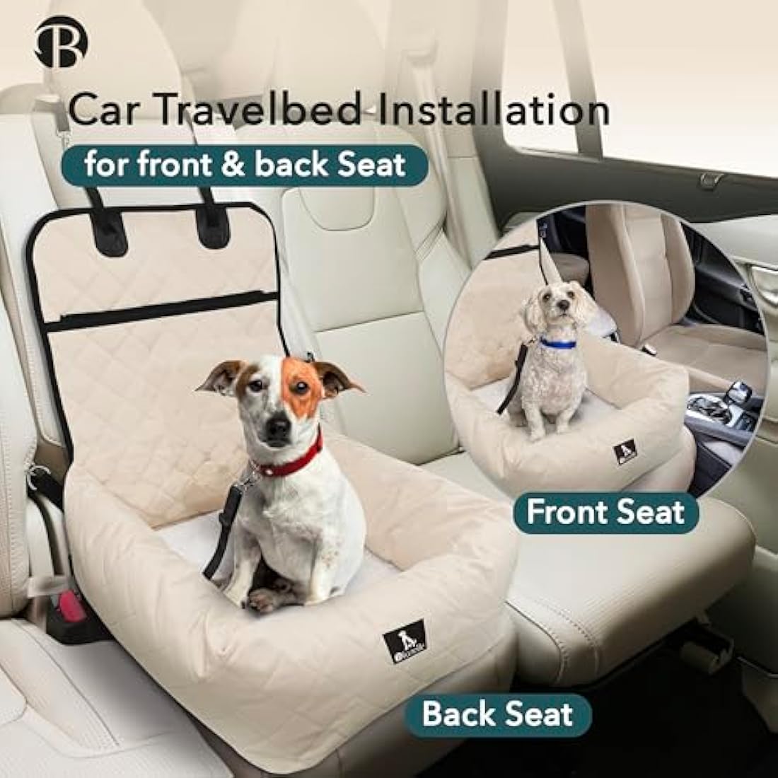 bluzelle Dog Car Seat Travel Pet Bed, 2-in-1 Dog Bed for Small Dogs & Medium Sized Dogs, Removable Cover & Mat, Oxford Fabric Washable Waterproof Anti Slip Bottom, Booster Seat Pet Belt, Color:Beige