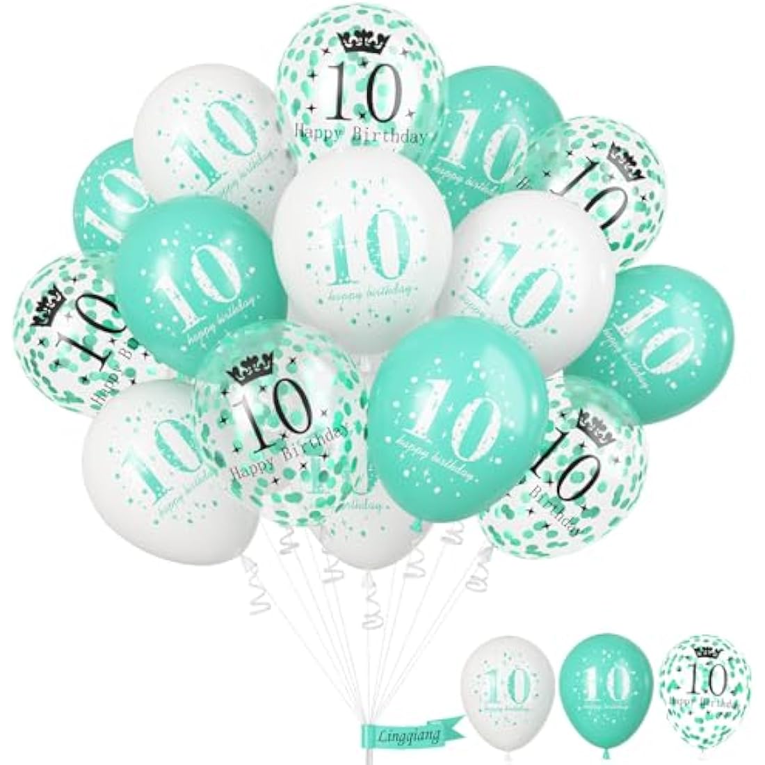10th Birthday Decorations Girl, Teal White Happy 10th Birthday Latex Print Balloons for Boys, Turquoise White Confetti 10th Bday Party Decorations for Kids Age 10 Years Old Birthday Party Supplies