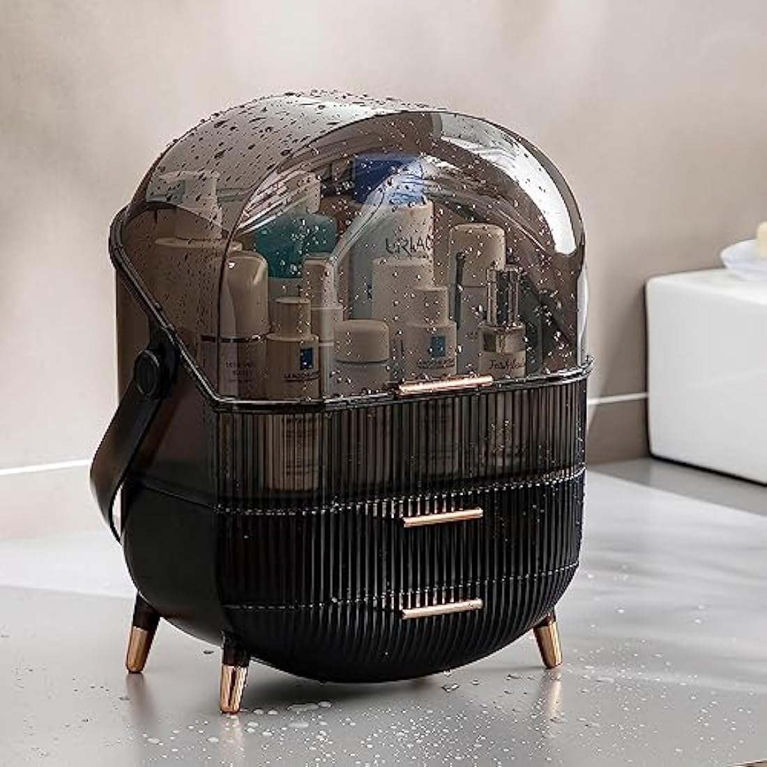 Kousee Makeup Organiser, Skincare Organiser Cosmetic Display Case with Dust Free Cover Portable Handle, Waterproof Makeup Box for Vanity Countertop Bathroom Dresser-Retro Grey