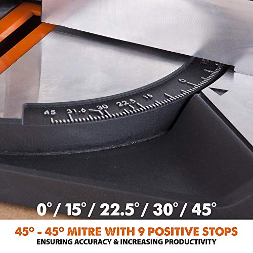 Evolution Power Tools R210CMS Compound Miter Saw Multi-Material Cutting TCT Blade Included Cuts Wood Metal Plastic & More, 45° - 45° Degree Miter & 45˚ Degree Bevel Angles, 1200W, 210mm