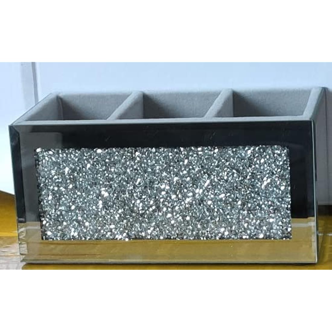 EagleWiz Crushed Diamond Jewel Brush Holder Organiser Beauty Box, 3 Compartment Makeup Storage Box, Silver