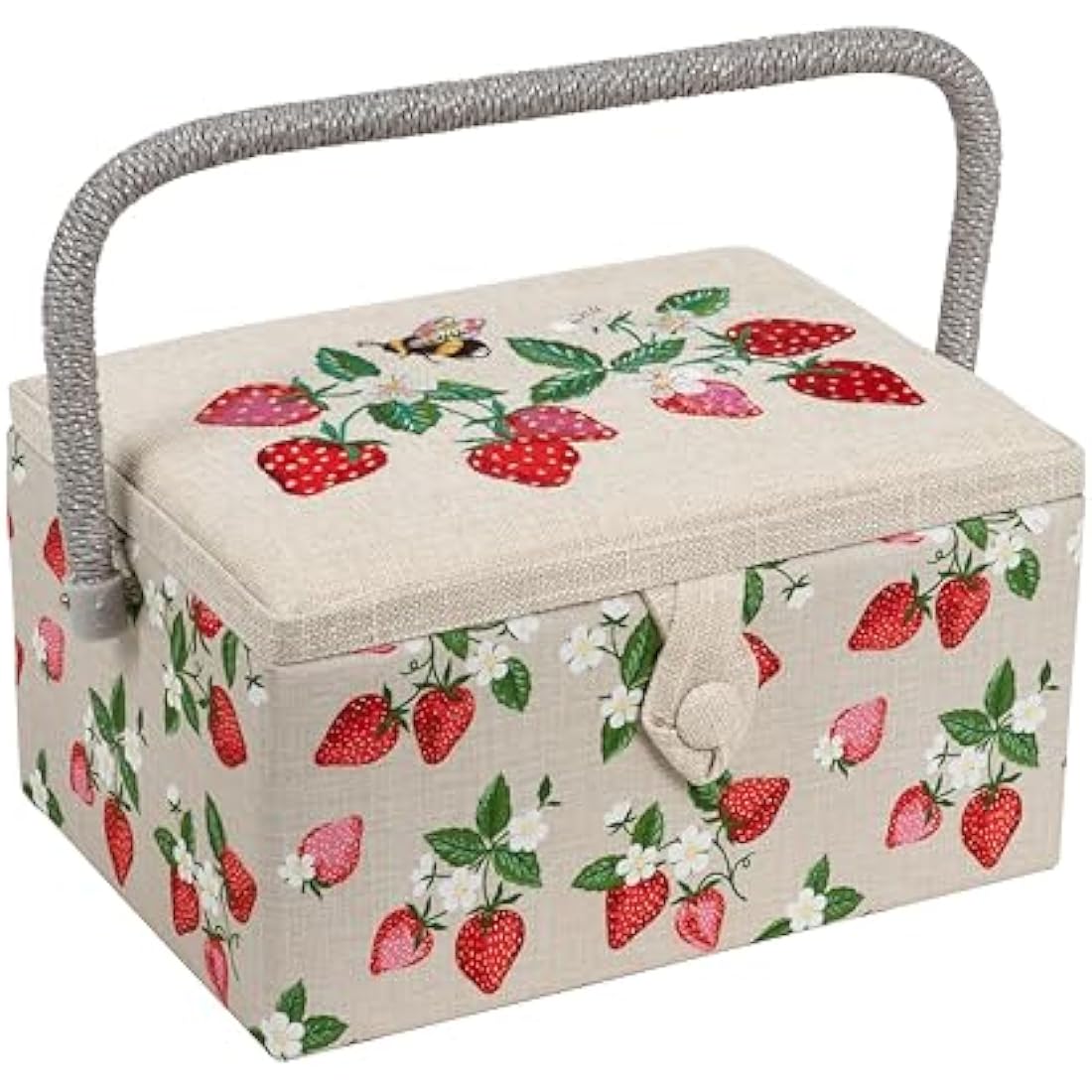 Hobby Gift Exclusive Medium Sewing Craft Hobby Storage Box, Accessories Tray Pin Cushion Pocket PVC Handle Embroidered Lid 18.5 x 25.5 x 14.5cm, Embroidered Strawberries