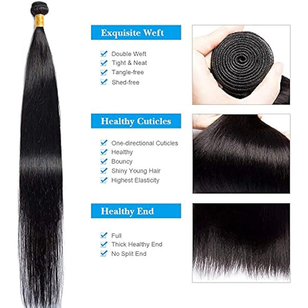 12A Brazilian Straight Human Hair Bundles 100% Unprocessed Virgin Human Hair Extensions 3 Bundles Machine Double Wefts for Women Natural Black Color 26 28 30 Inch