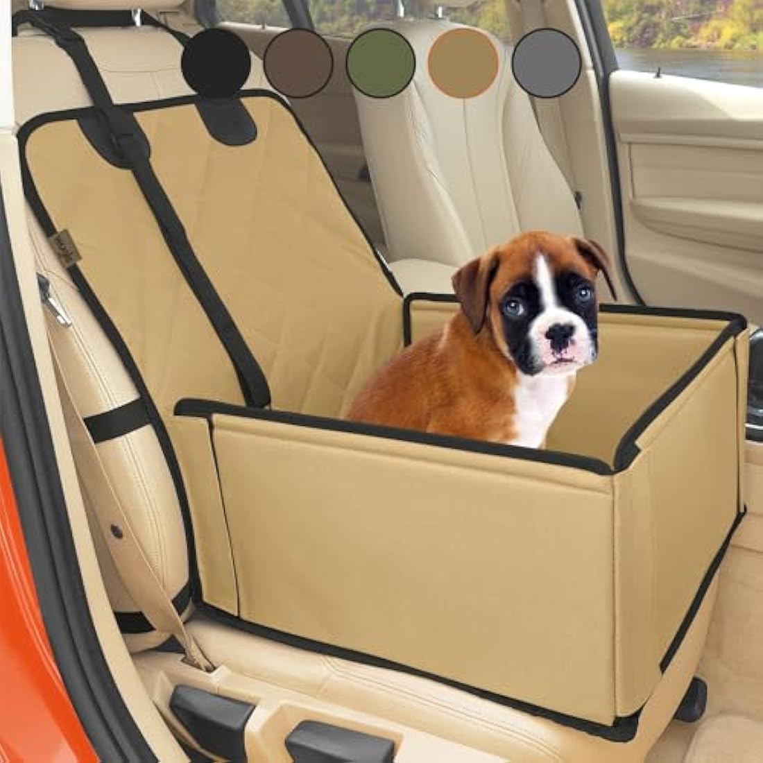 Wuglo Extra Stable Dog Car Seat - Robust Car Dog Seat or Puppy Car Seat for Small to Medium-Sized Dogs - Reinforced Walls and 3 Belts - Waterproof Pet Car Seat for Back and Front Seat (Beige)