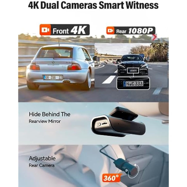 IIWEY EY02 4K Dash Cam Front and Rear Built-in 5GHz WiFi, Dual Dash Cam Front 4K Rear 1080P Car Camera, Free 64GB SD Card, Super Night Vision, App Control, Supercapacitor, Parking Mode, USB C Port