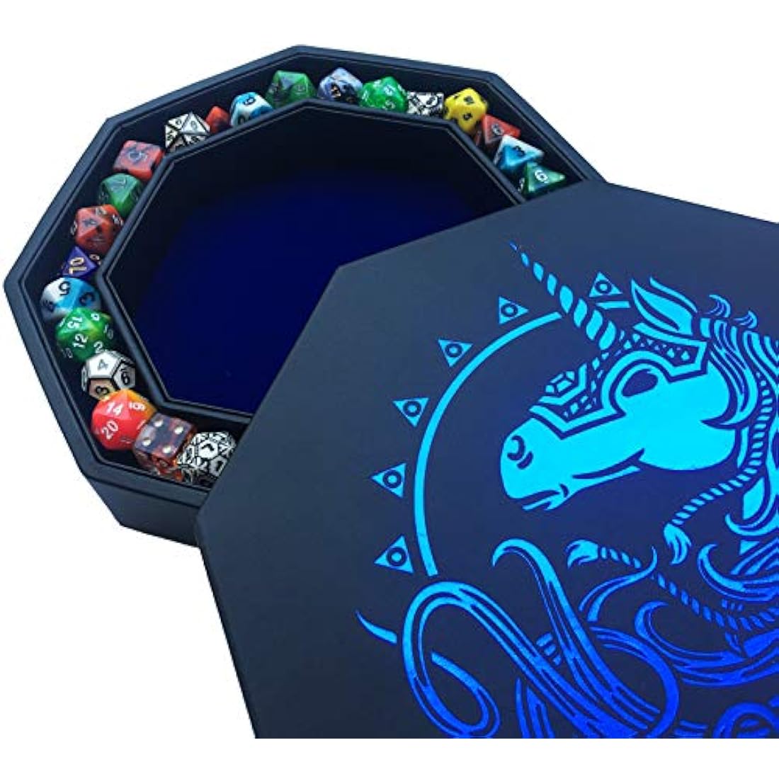 Fantasydice- BLUE - War Unicron- Dice Tray 20CM Octagon with Lid and Dice Staging Area- Holds 5 Sets of Dice(7 / Sta